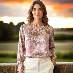 Galinda Wang Satin Paisley Blouse Sz 10‎ M Silky Career Office Regency Baroque